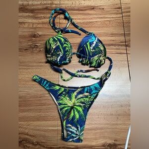 Blue Green Palm Tree Print Brazilian Bikini Set